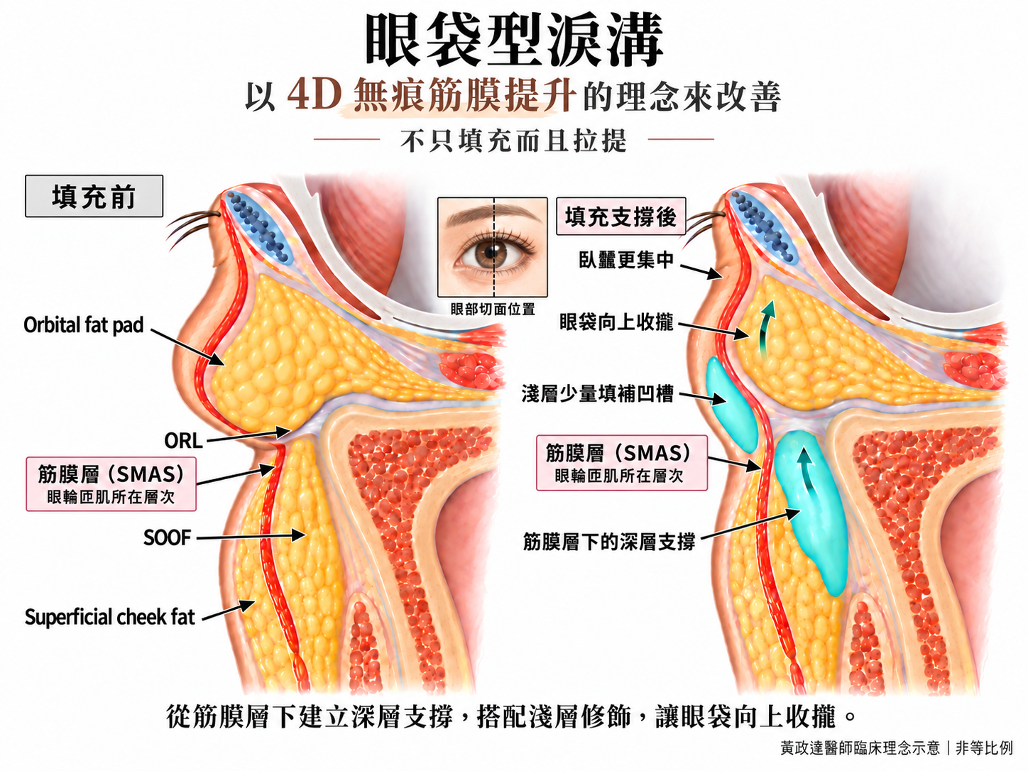 眼袋是什麼?形成原因、玻尿酸與手術怎麼選,效果與費用一次看懂 6 眼袋型淚溝的填充支撐示意,左側呈現眼眶脂肪膨出及下緣凹槽,右側以較多深層支撐搭配少量淺層填補,箭頭表示眼袋向上收攏、臥蠶更集中,說明黃政達醫師由下方承托眼袋的規劃方向。