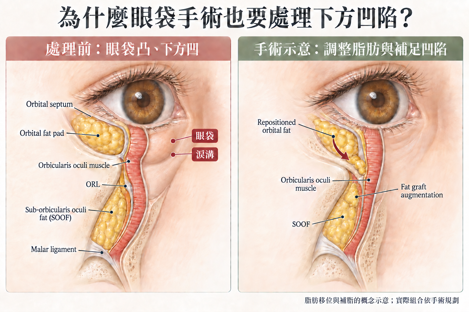 眼袋是什麼?形成原因、玻尿酸與手術怎麼選,效果與費用一次看懂 7 眼袋手術的脂肪處理示意,左側眼眶脂肪膨出且下方淚溝凹陷,右側呈現脂肪移位與深層補脂;原有脂肪重新分布和另外增加體積分別標示,說明選擇術式時也要處理眼袋下緣到臉頰的銜接。