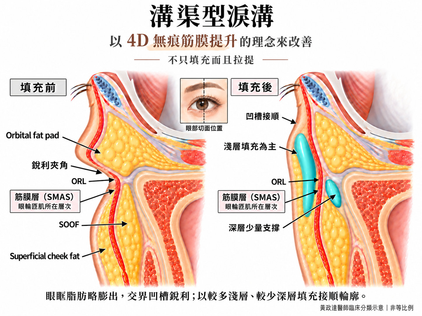 熊貓針是什麼?改善淚溝黑眼圈的效果、維持時間與副作用 3 溝渠型淚溝的側面層次示意,左側小眼袋下方形成銳利凹折,右側以主要淺層填充接順凹槽,配合少量深層支撐;黃政達醫師以4D 無痕筋膜提升的分層思路,說明接順表面轉折與承托基底的不同任務。