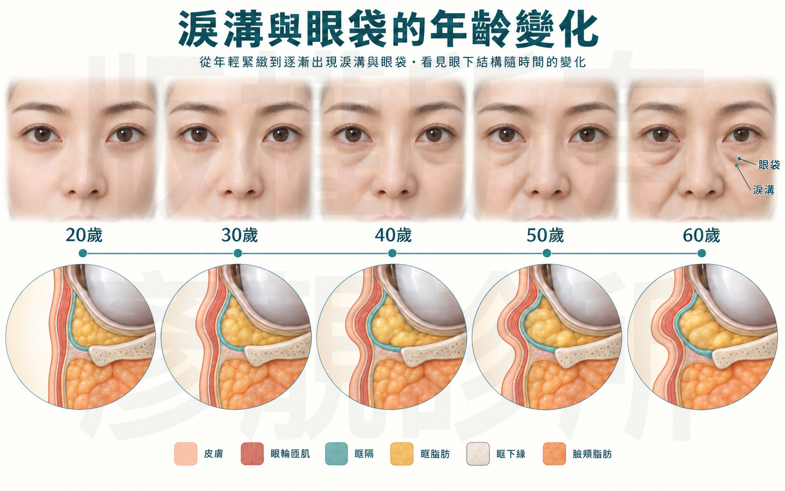 熊貓針是什麼?改善淚溝黑眼圈的效果、維持時間與副作用 2 淚溝與眼袋連續變化示意圖,上排依序呈現二十至六十歲的眼周外觀,下排以解剖剖面對照脂肪與支持組織的變化,搭配黃政達醫師的三型分類,說明凹陷、細溝與眼袋比例可以交疊,分型應觀察當下結構而非只看年齡。